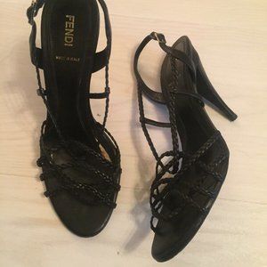FENDI Black Strappy Heels Sandals Shoes Size 39 FF braided logo leather $600 GUC